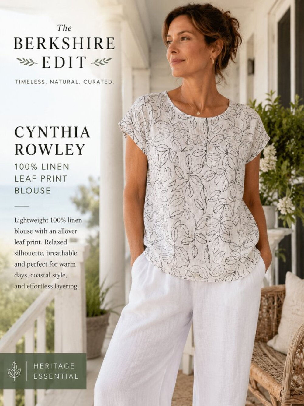 Cynthia Rowley 100% Linen Leaf Print Blouse Medium Coastal Boho Top